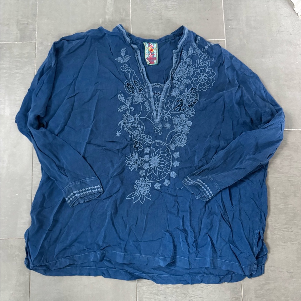 Johnny Was Blue Embroidered Top - Picture 2 of 3